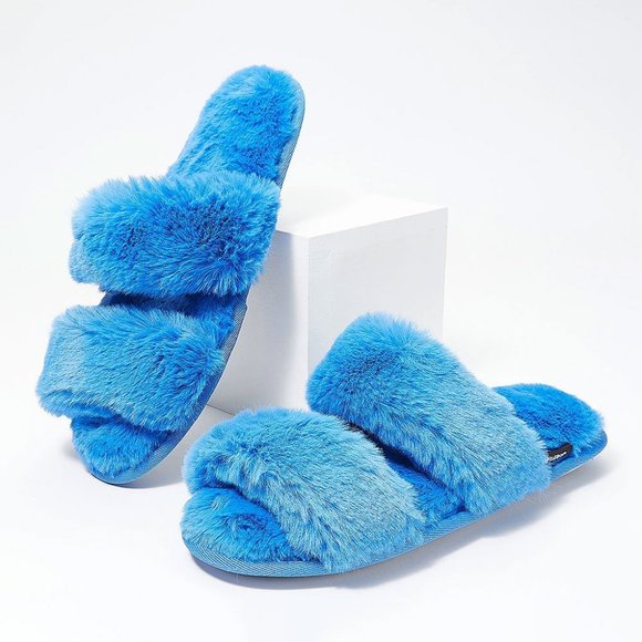 NWT Muk Luks Blue Double-Strap Plush Slippers - sz 8 - Picture 2 of 6